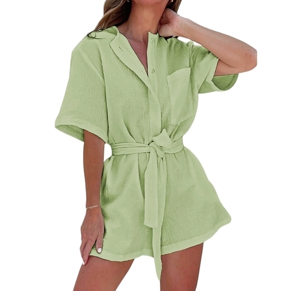 SOLD - NWT Commense Green Cotton Relaxed Fit Tied Waist Short-Sleeve Romper - Picture 1 of 7
